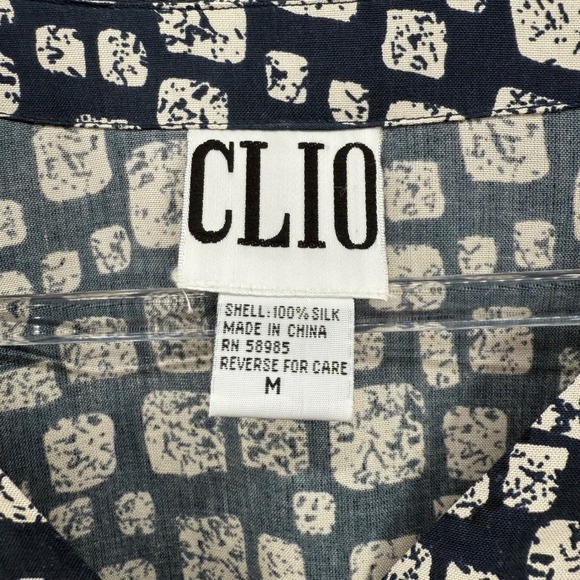 CLIO 100% Silk Button Front Shirt Top Blue Beige Abstract Print Pockets Sz M - Picture 2 of 10